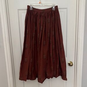 90s Flowy Brown Cotton Maxi Skirt with Metallic Sunflowers
